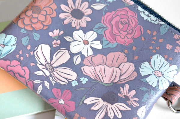Dusty Blue Floral Faux-Leather Coin Purse