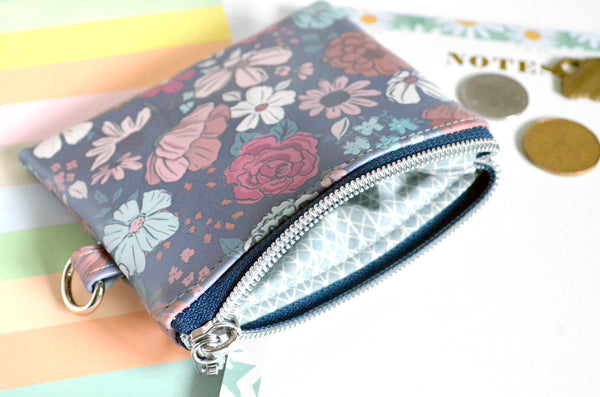 Dusty Blue Floral Faux-Leather Coin Purse