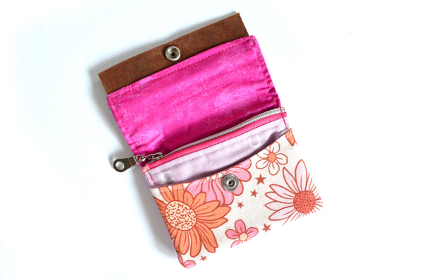 Pink Boho Sunflower Mini Leather Snap Wallet