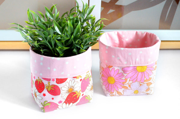 Pink Strawberry Retro Floral Fabric Plant Pot