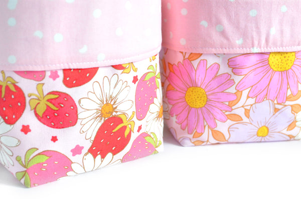 Pink Strawberry Retro Floral Fabric Plant Pot