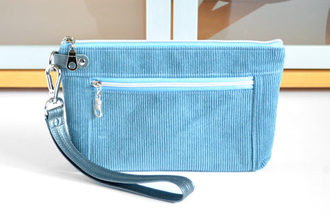 Blue *Corduroy* Double-Zip Wristlet