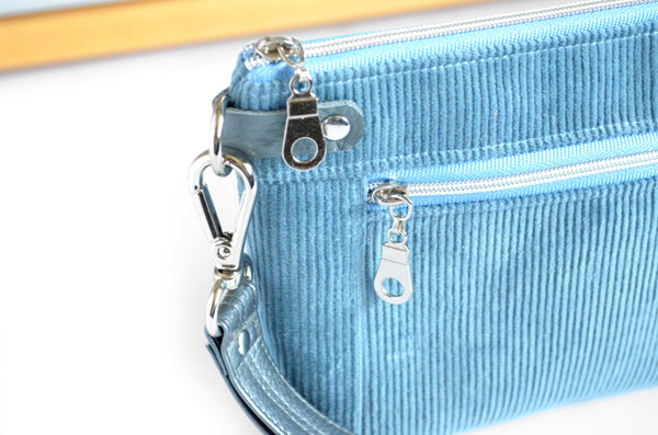 Blue *Corduroy* Double-Zip Wristlet