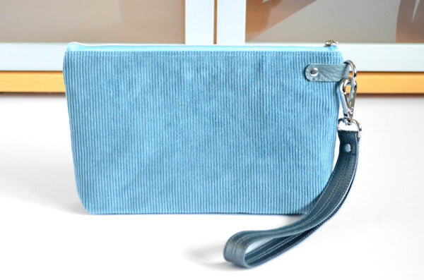 Blue *Corduroy* Double-Zip Wristlet