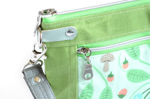 Green Strawberry Blossom Double-Zip Wristlet