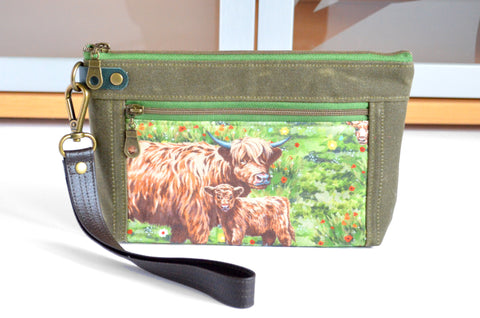 Olive Highland Cow Double-Zip Wristlet