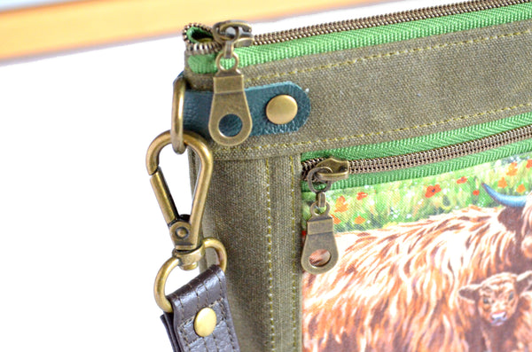 Olive Highland Cow Double-Zip Wristlet