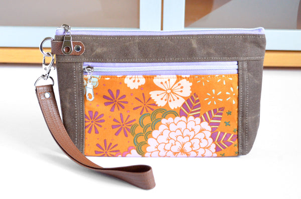 Purple & Orange Floral Double-Zip Wristlet