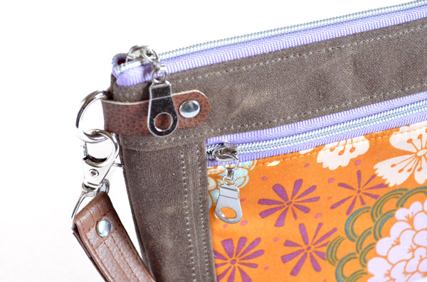 Purple & Orange Floral Double-Zip Wristlet