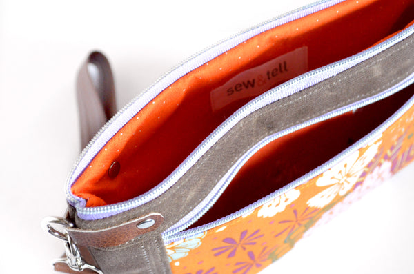Purple & Orange Floral Double-Zip Wristlet