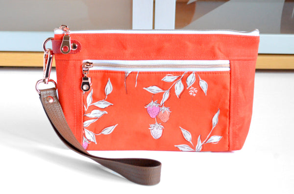 Red Strawberry Floral Double-Zip Wristlet