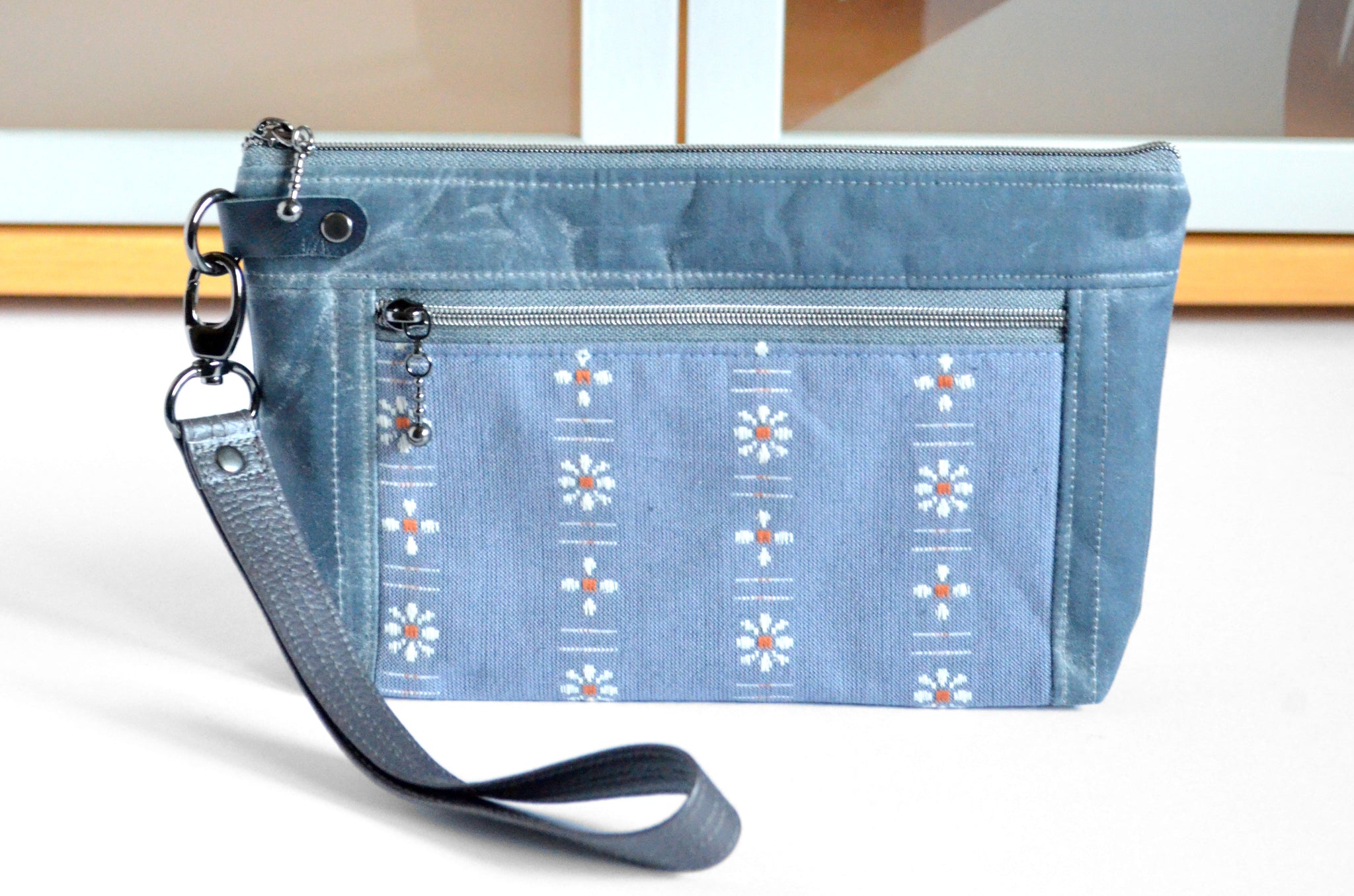 Denim Blue Woven Wildflower Double-Zip Wristlet
