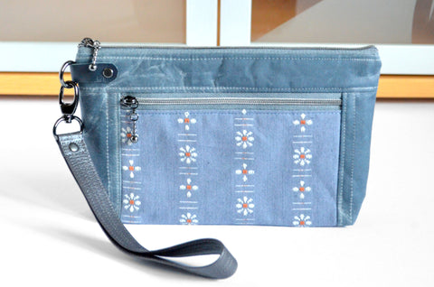Denim Blue Woven Wildflower Double-Zip Wristlet
