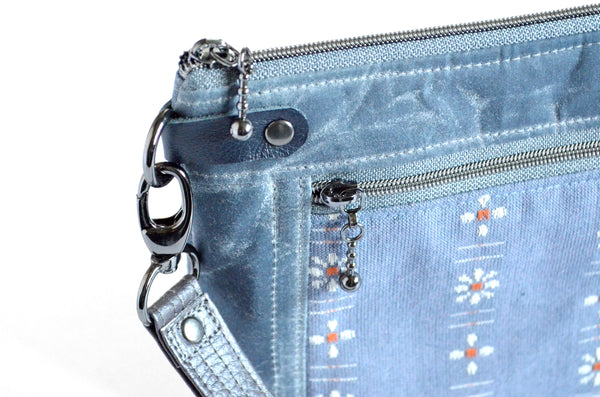 Denim Blue Woven Wildflower Double-Zip Wristlet
