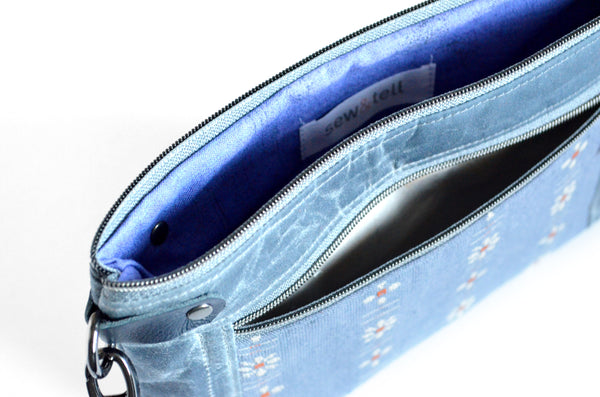 Denim Blue Woven Wildflower Double-Zip Wristlet