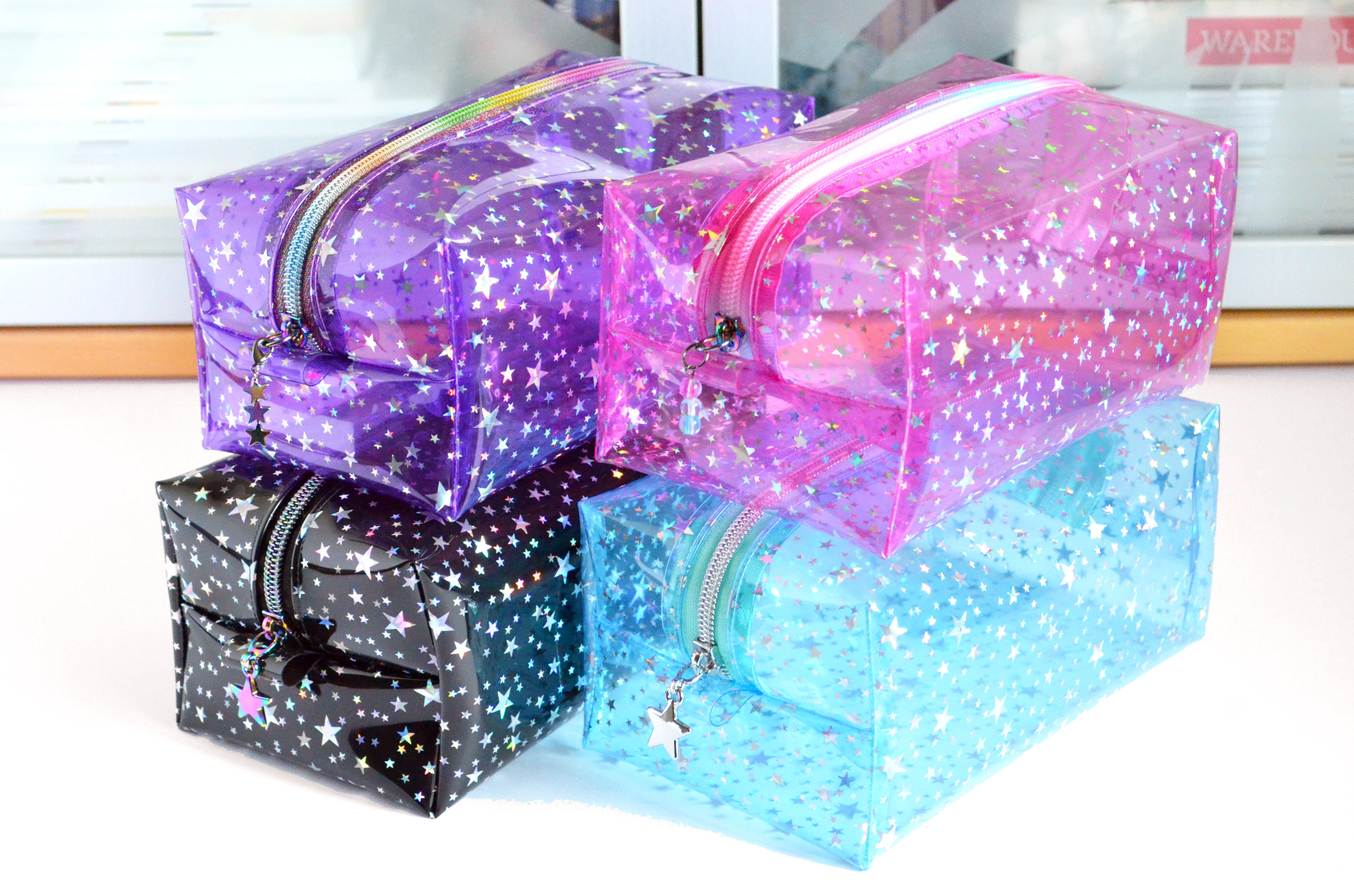 *Clear Vinyl* Pink Holographic Stars Toiletry Bag