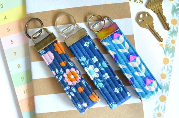 Blue Neon Floral Fabric Keychain