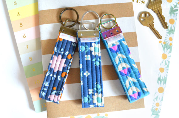 Blue Neon Floral Fabric Keychain