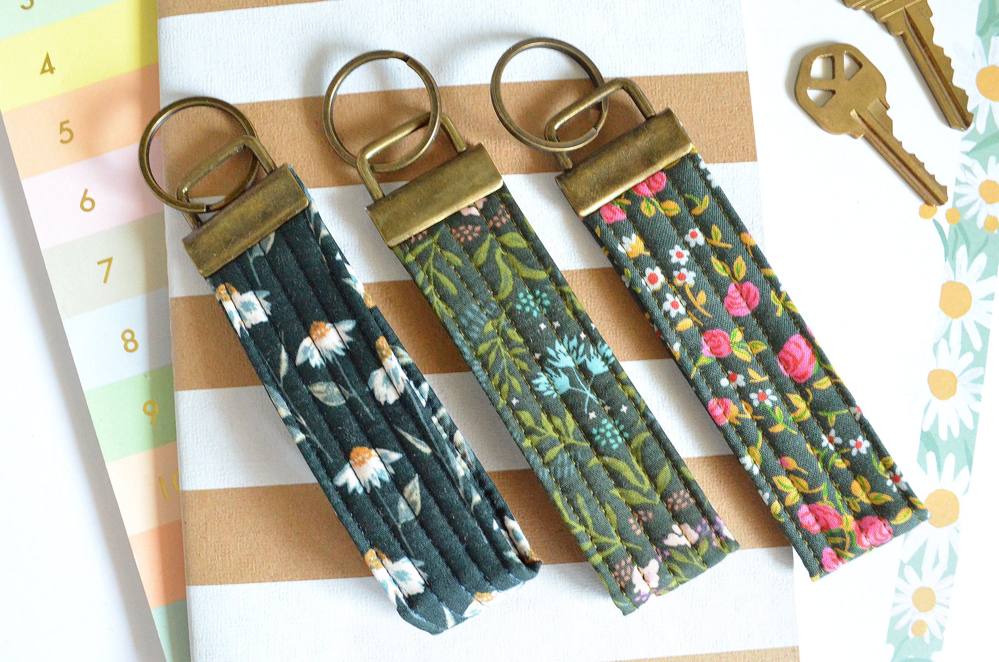 Dark Green Floral Fabric Keychain