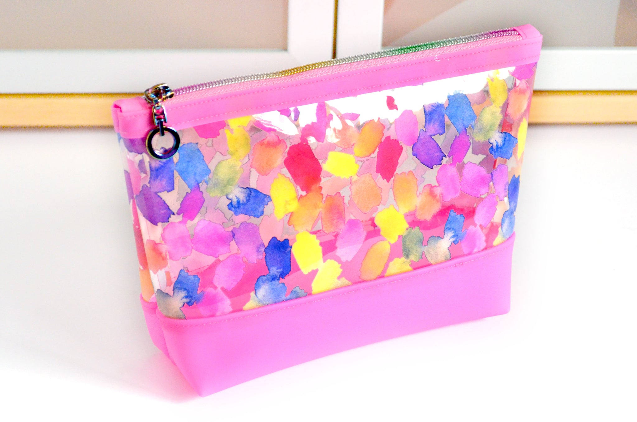 Hot Pink Rainbow Watercolour *Clear & Jelly Vinyl* Cosmetic Bag