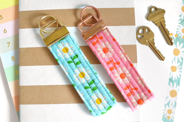 Pink & Blue Daisy Fabric Keychain