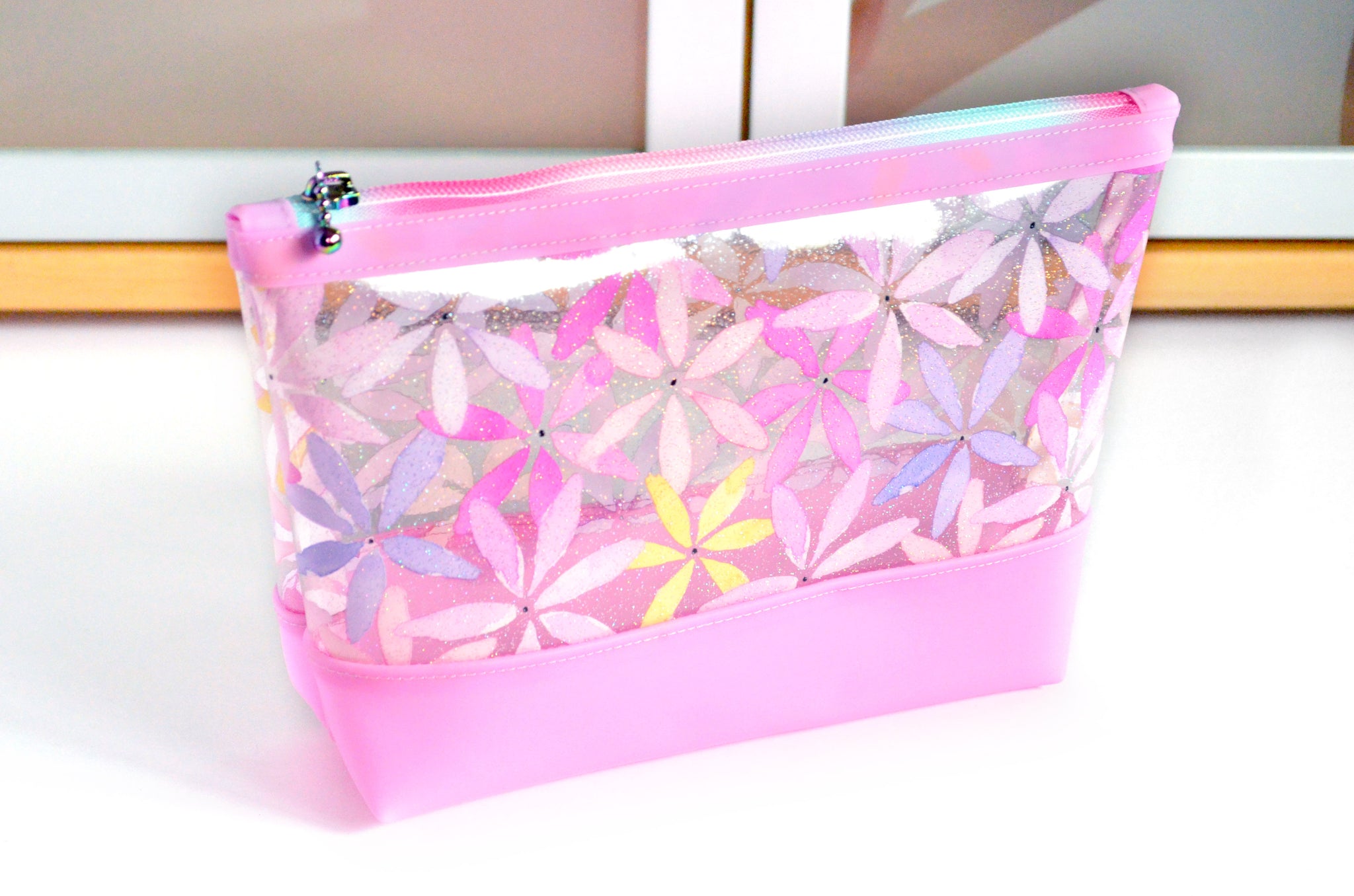 Pink Sparkle Floral *Clear & Jelly Vinyl* Cosmetic Bag