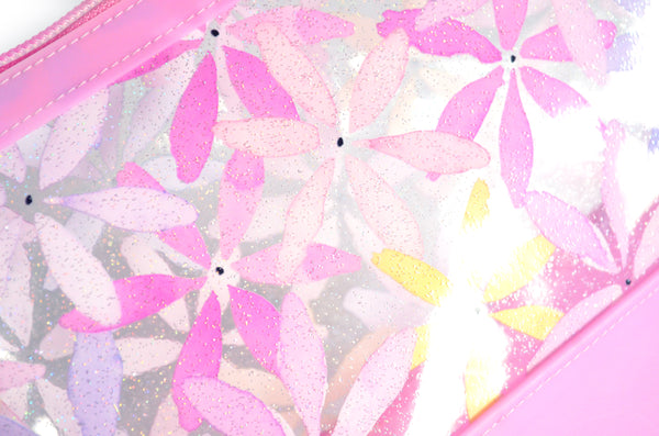 Pink Sparkle Floral *Clear & Jelly Vinyl* Cosmetic Bag