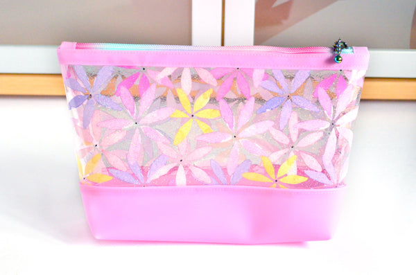 Pink Sparkle Floral *Clear & Jelly Vinyl* Cosmetic Bag