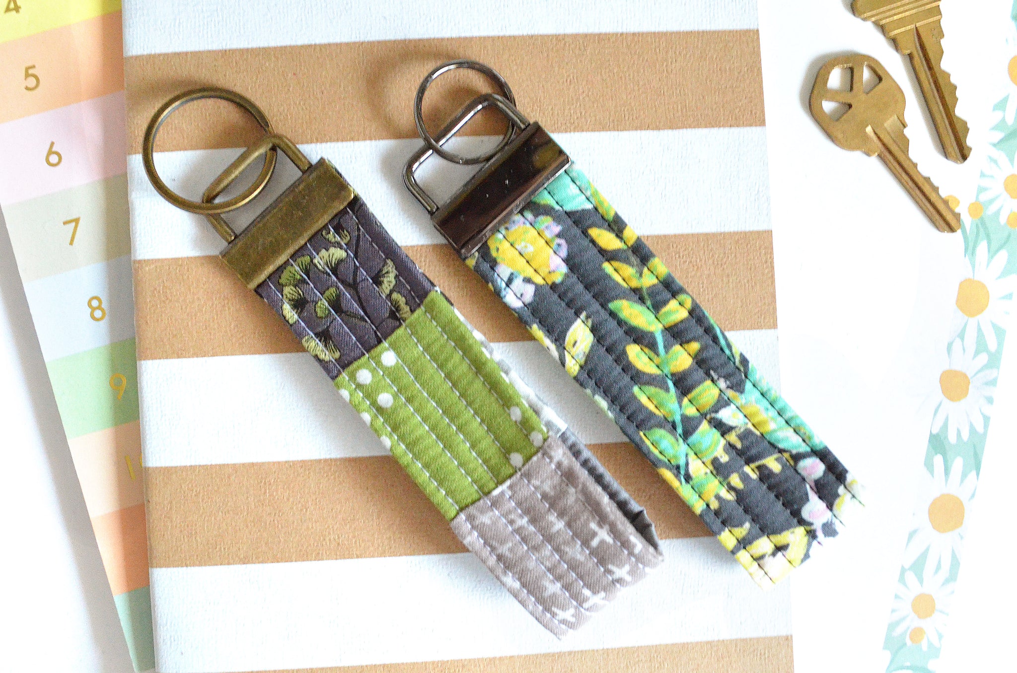 Green & Grey Floral Fabric Keychain