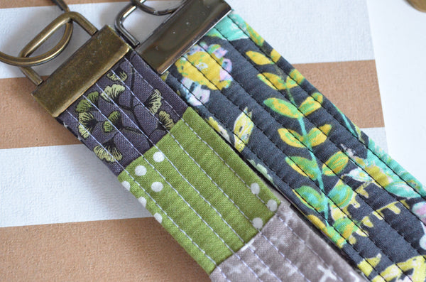 Green & Grey Floral Fabric Keychain
