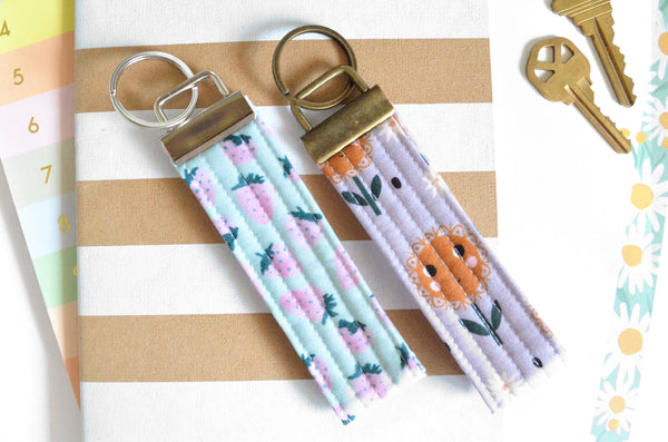 Blue Strawberry Floral Fabric Keychain