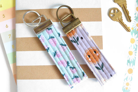 Blue Strawberry Floral Fabric Keychain