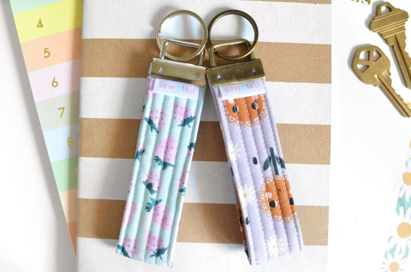 Blue Strawberry Floral Fabric Keychain