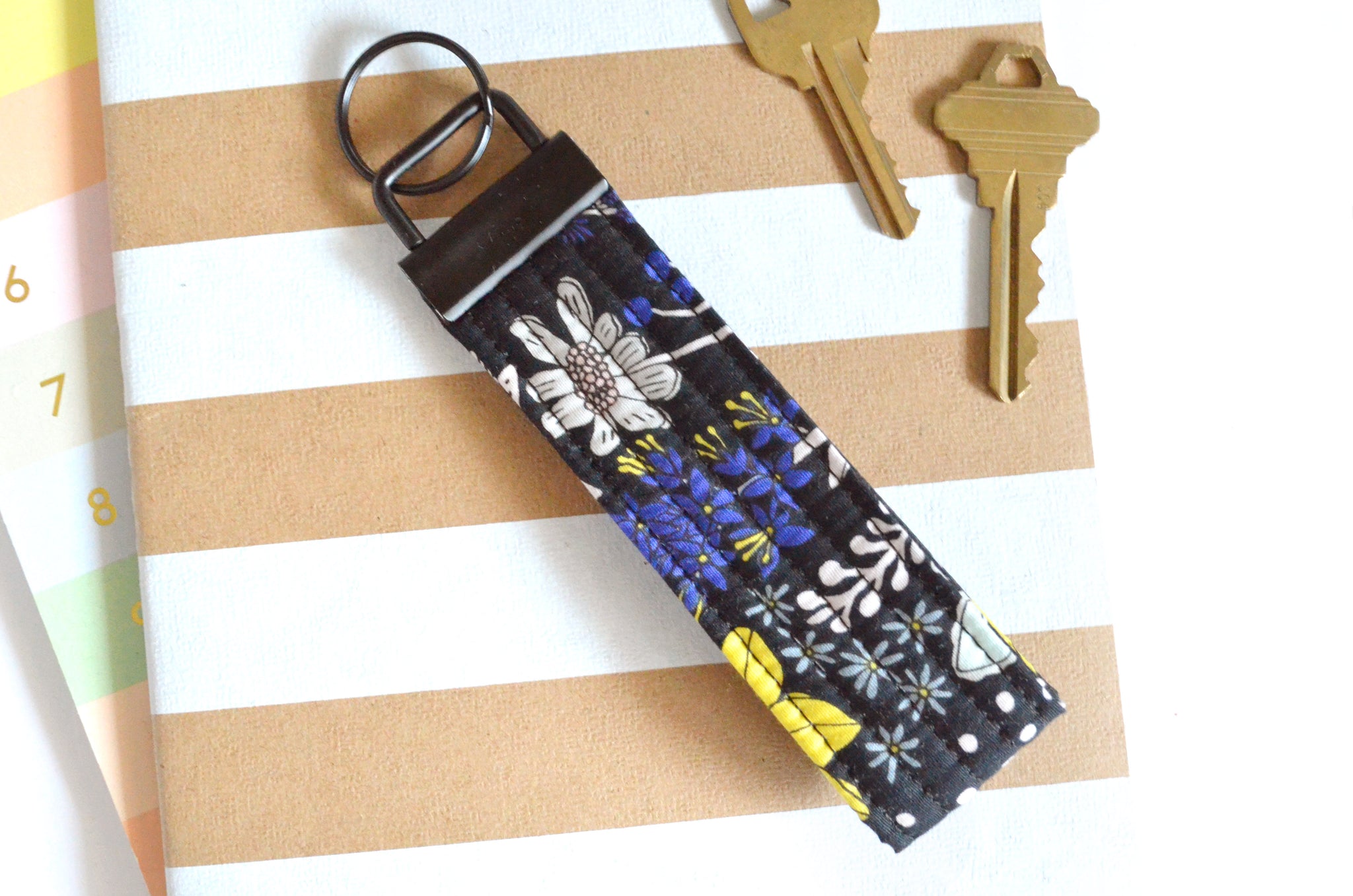 Black Garden Floral Fabric Keychain