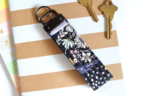 Black Garden Floral Fabric Keychain