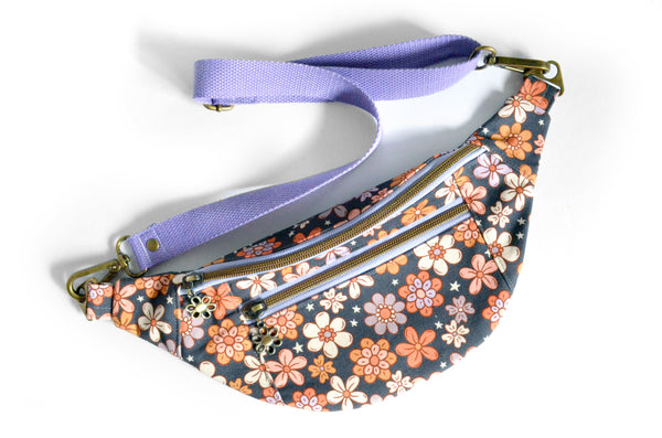 Purple & Grey Retro Floral Fanny Pack