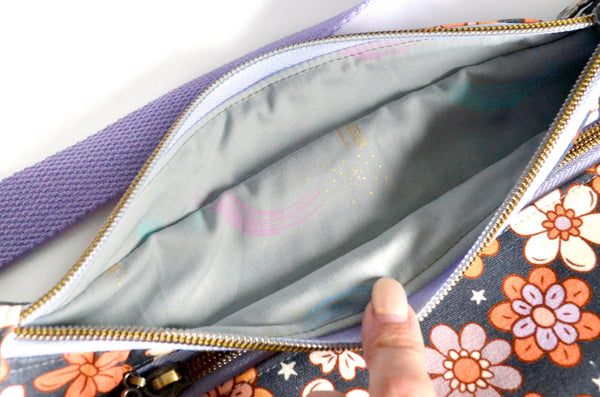 Purple & Grey Retro Floral Fanny Pack
