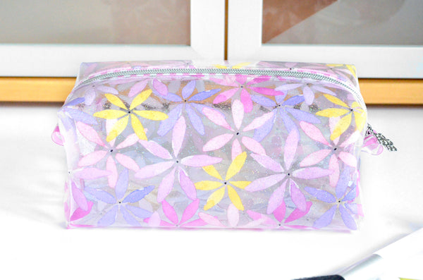 *Clear Vinyl* Sparkle Floral Boxy Toiletry Bag