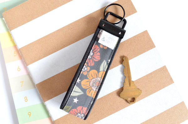 Black Floral Fabric & Cork Leather Keychain