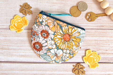 Teal Harvest Floral Round Coin Purse