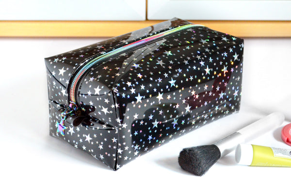 *Clear Vinyl* Black Holographic Stars Toiletry Bag