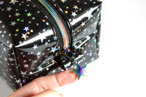 *Clear Vinyl* Black Holographic Stars Toiletry Bag
