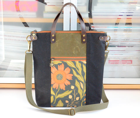 Black & Olive Floral Crossbody Tote Bag