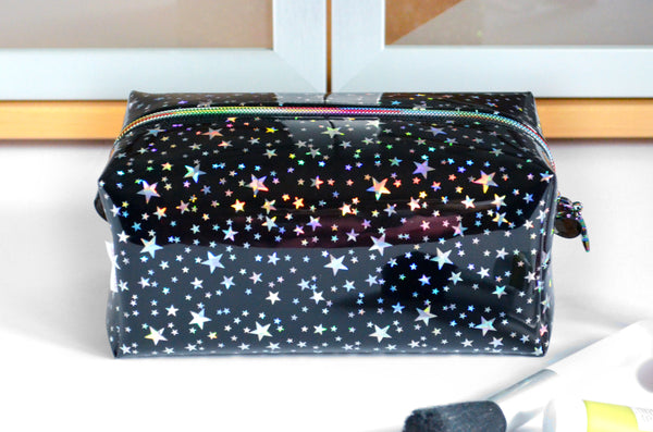 *Clear Vinyl* Black Holographic Stars Toiletry Bag