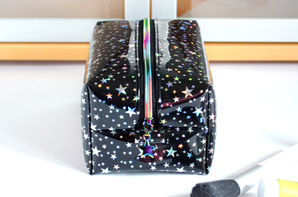 *Clear Vinyl* Black Holographic Stars Toiletry Bag