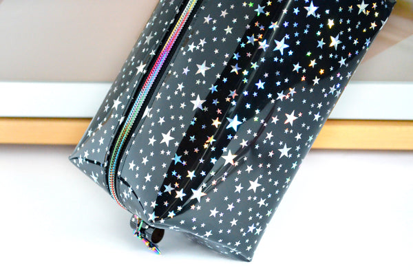 *Clear Vinyl* Black Holographic Stars Toiletry Bag