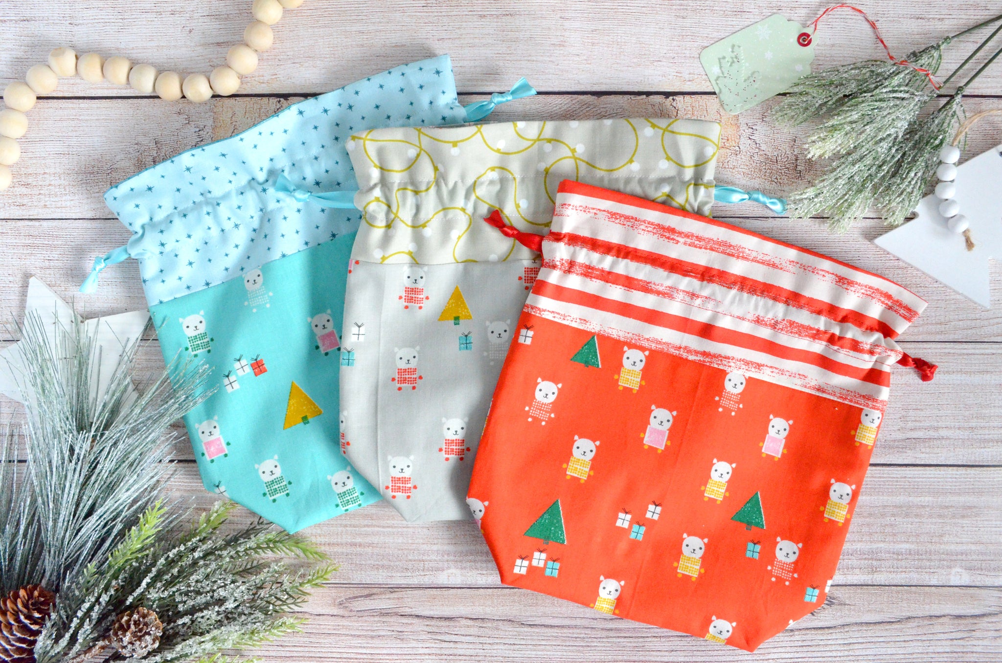 Bright Holiday Mice Fabric Gift Bags *Regular Size*