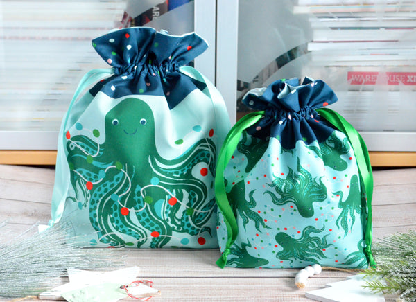 Holiday Octopus Fabric Gift Bags *Large & Regular Sizes*