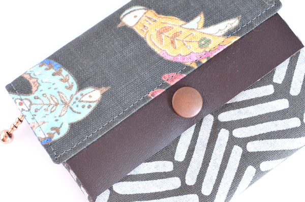 Dark Grey Bird & Butterfly Leather Snap Wallet