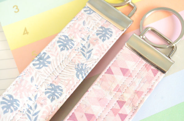 White Monstera & Pink Triangle Cork Leather Keychain